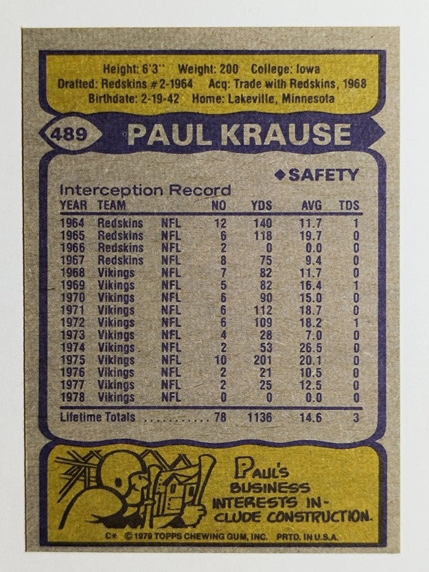 1979 Topps #489 Paul Krause (EXMT)
