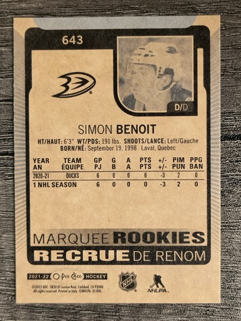 2021-22 O-Pee-Chee #643 Simon Benoit RC