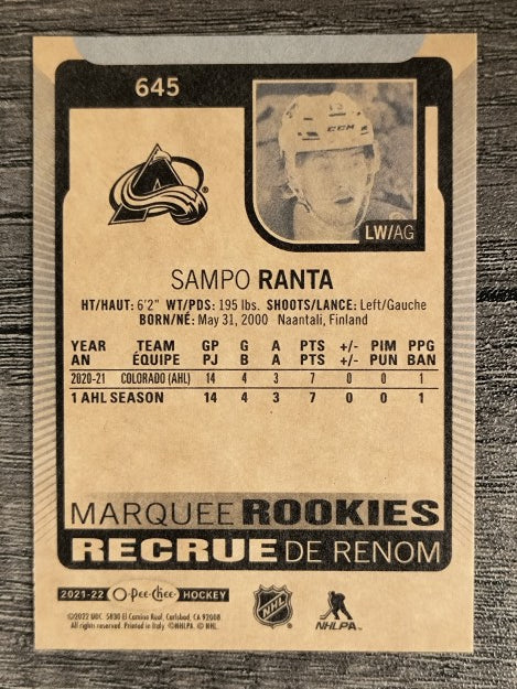 2021-22 O-Pee-Chee #645 Sampo Ranta RC