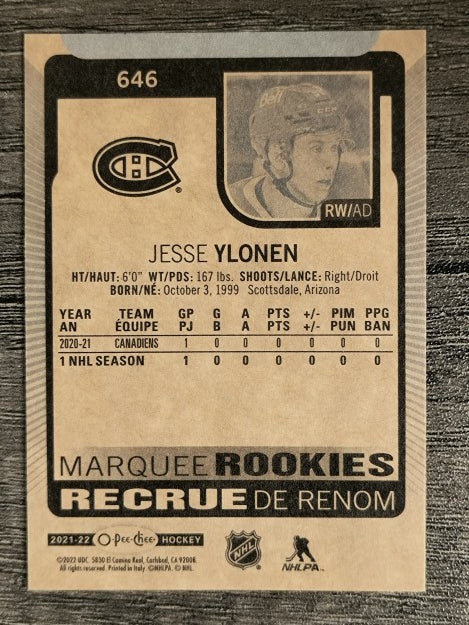 2021-22 O-Pee-Chee #646 Jesse Ylonen RC