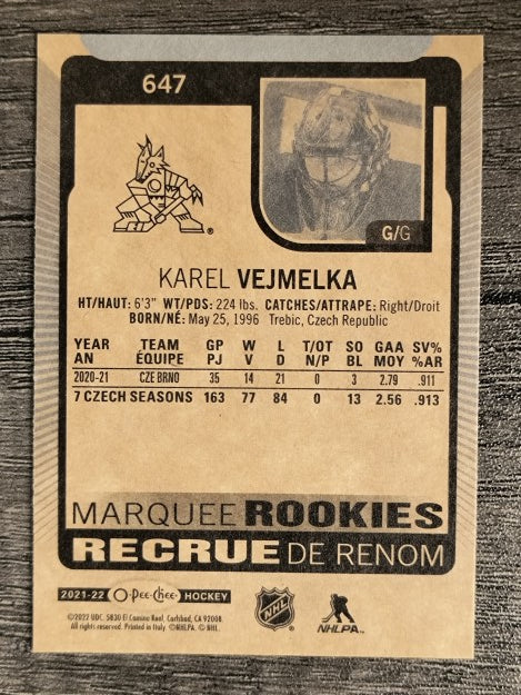 2021-22 O-Pee-Chee #647 Karel Vejmelka RC
