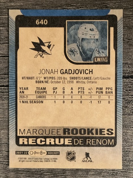 2021-22 O-Pee-Chee Blue #640 Jonah Gadjovich