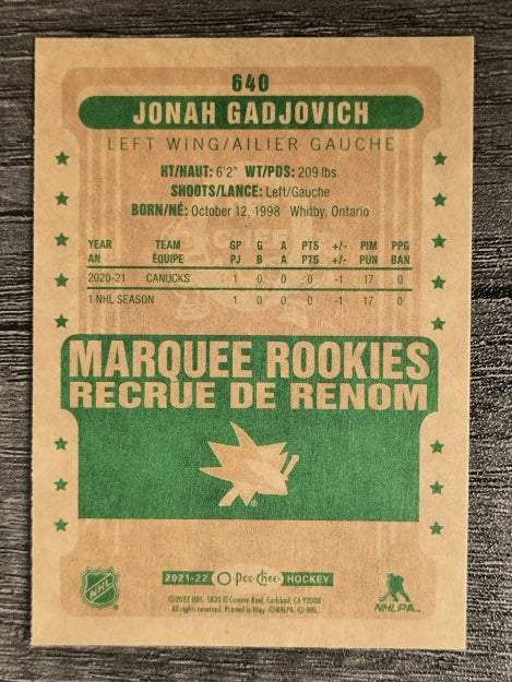 2021-22 O-Pee-Chee Retro #640 Jonah Gadjovich