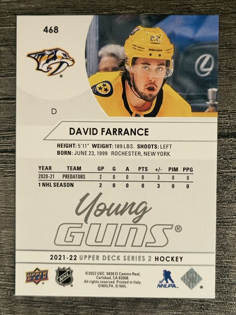2021-22 Upper Deck #468 David Farrance YG RC