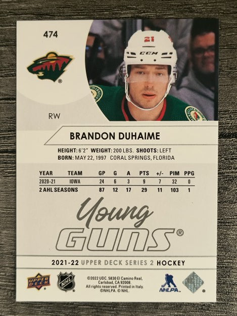 2021-22 Upper Deck #474 Brandon Duhaime YG RC