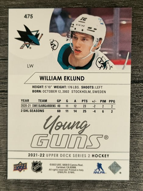 2021-22 Upper Deck #475 William Eklund YG RC
