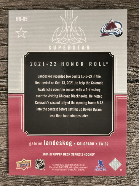 2021-22 Upper Deck Honor Roll #HR85 Gabriel Landeskog