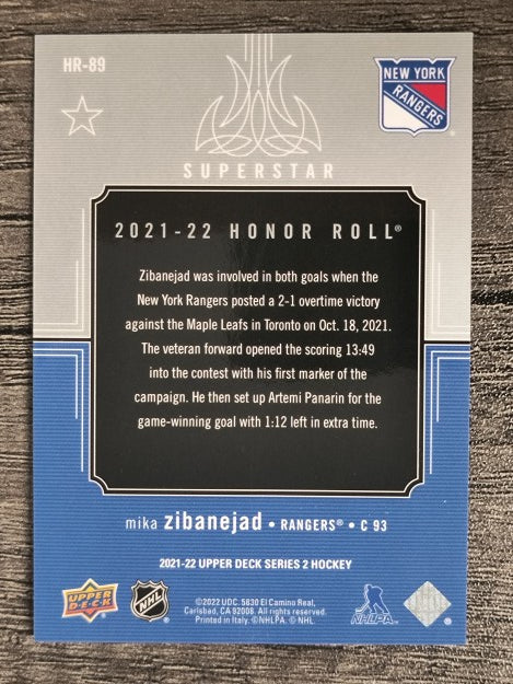 2021-22 Upper Deck Honor Roll #HR89 Mika Zibanejad