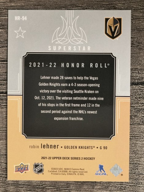 2021-22 Upper Deck Honor Roll #HR94 Robin Lehner