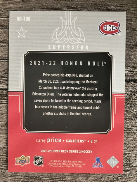 2021-22 Upper Deck Honor Roll #HR100 Carey Price