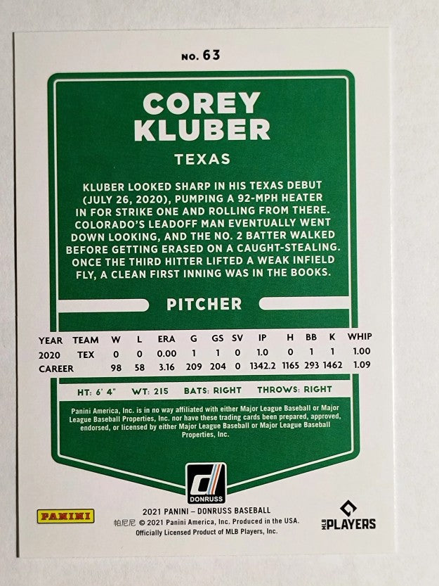 2021 Donruss #63 Corey Kluber