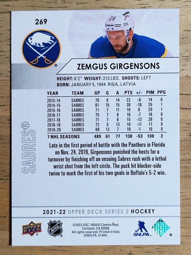 2021-22 Upper Deck #269 Zemgus Girgensons
