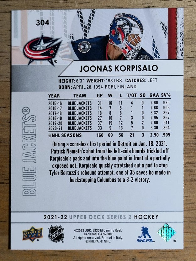 2021-22 Upper Deck #304 Joonas Korpisalo