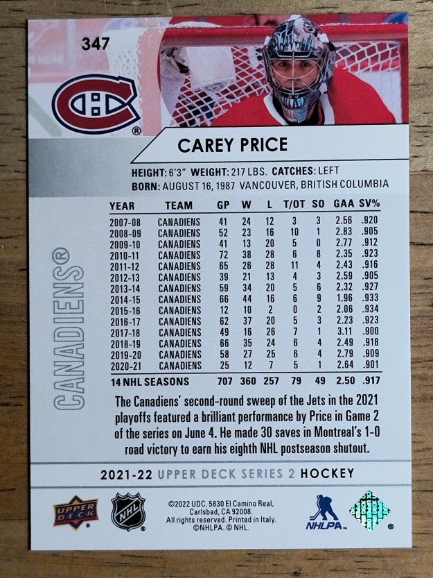 2021-22 Upper Deck #347 Carey Price