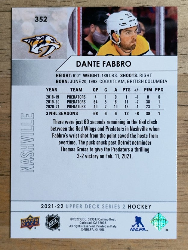 2021-22 Upper Deck #352 Dante Fabbro