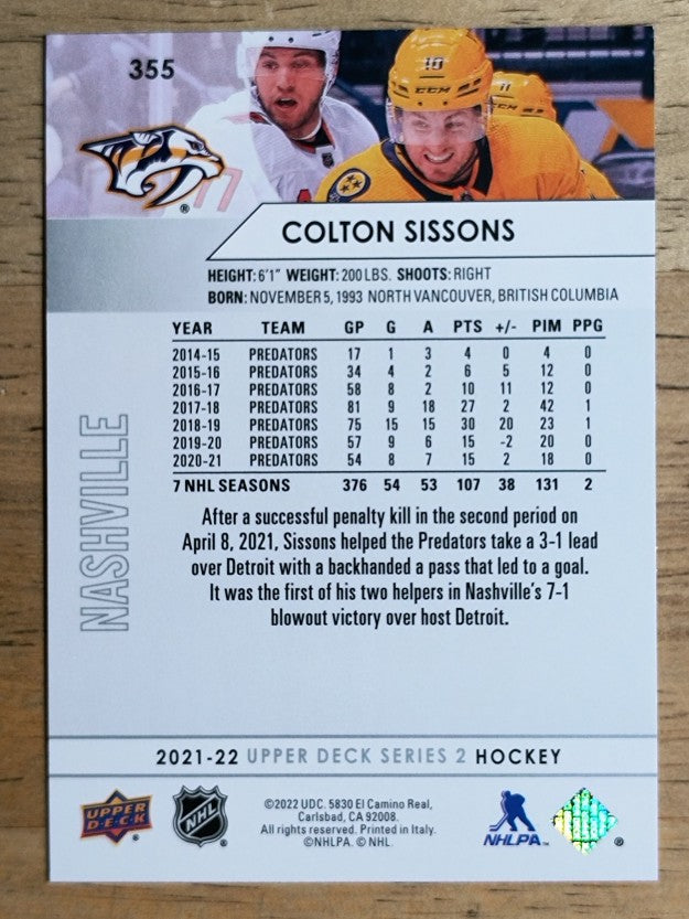 2021-22 Upper Deck #355 Colton Sissons