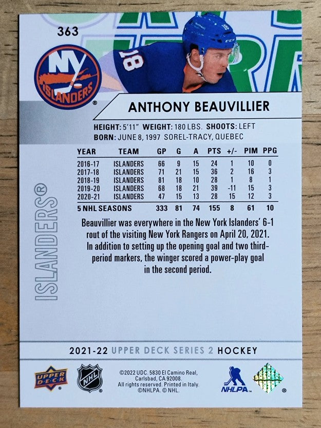 2021-22 Upper Deck #363 Anthony Beauvillier