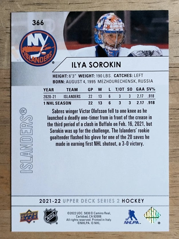 2021-22 Upper Deck #366 Ilya Sorokin