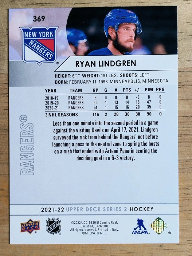 2021-22 Upper Deck #369 Ryan Lindgren