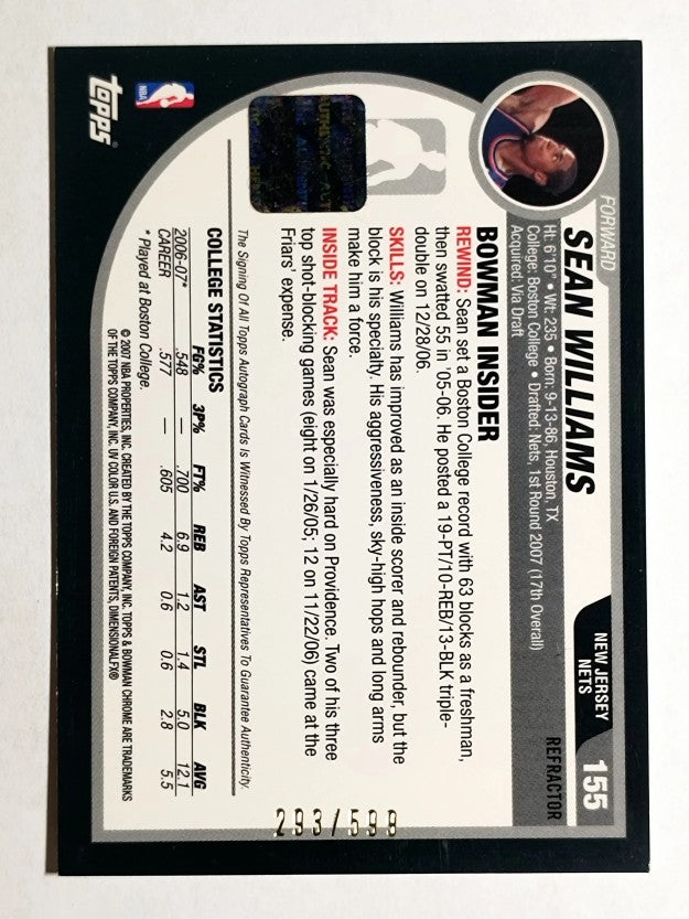 2007-08 Bowman Chrome Refractors Rookie Autographs #155 Sean Williams AU