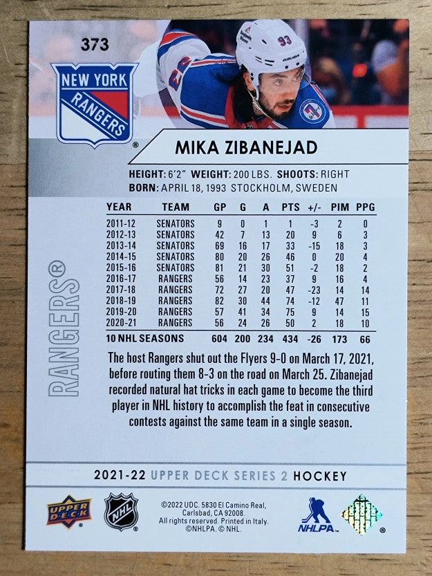 2021-22 Upper Deck #373 Mika Zibanejad
