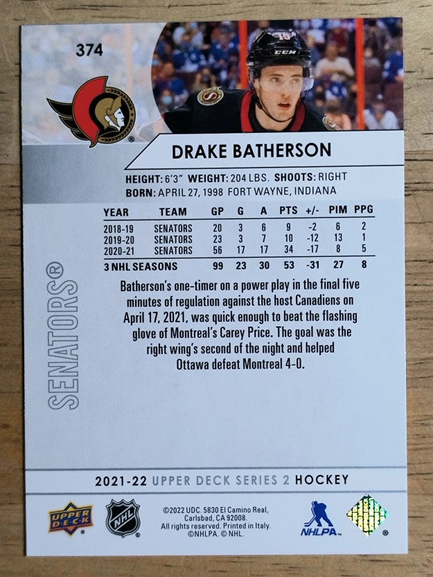 2021-22 Upper Deck #374 Drake Batherson