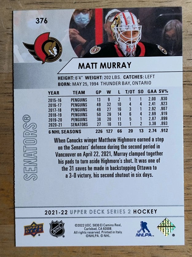 2021-22 Upper Deck #376 Matt Murray
