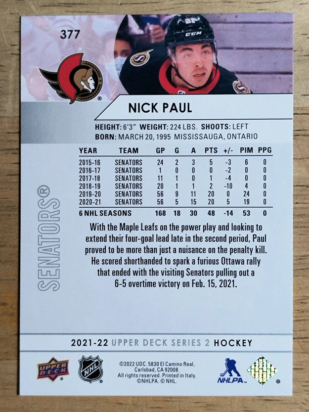 2021-22 Upper Deck #377 Nick Paul