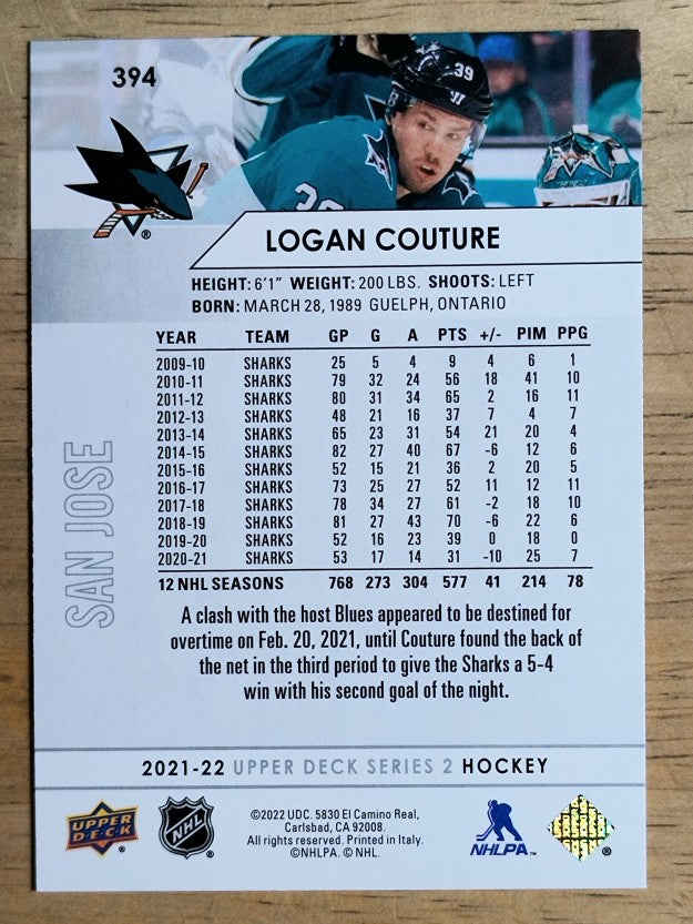 2021-22 Upper Deck #394 Logan Couture