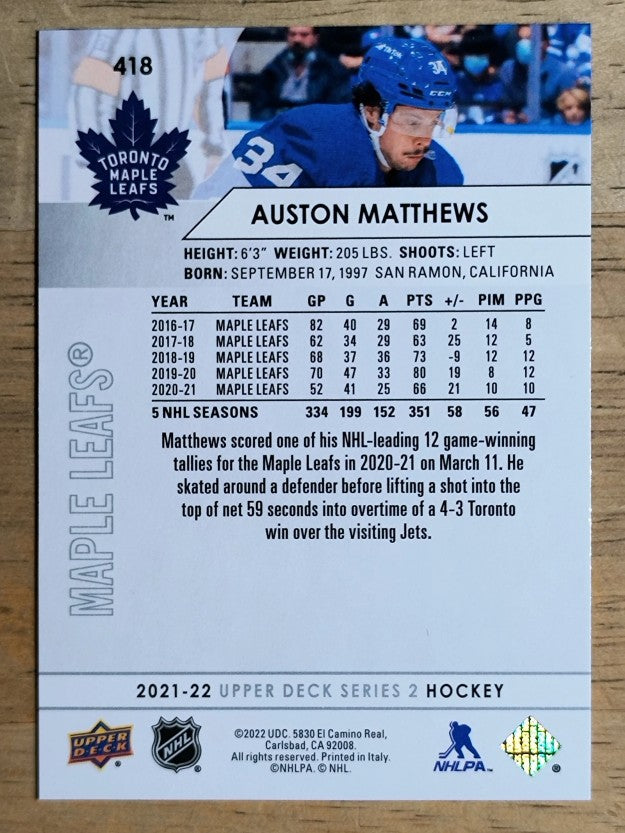 2021-22 Upper Deck #418 Auston Matthews