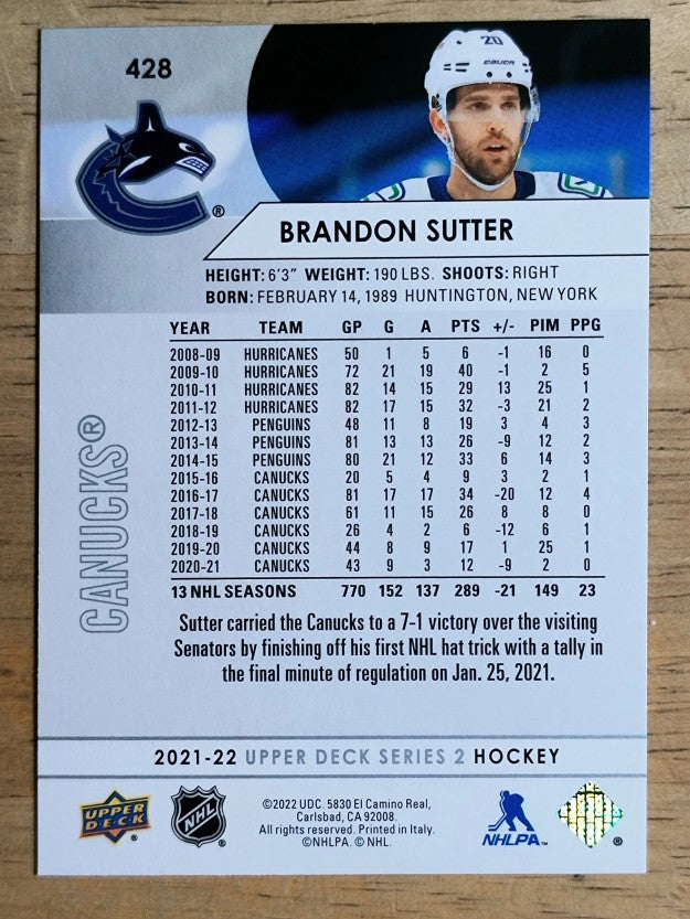 2021-22 Upper Deck #428 Brandon Sutter