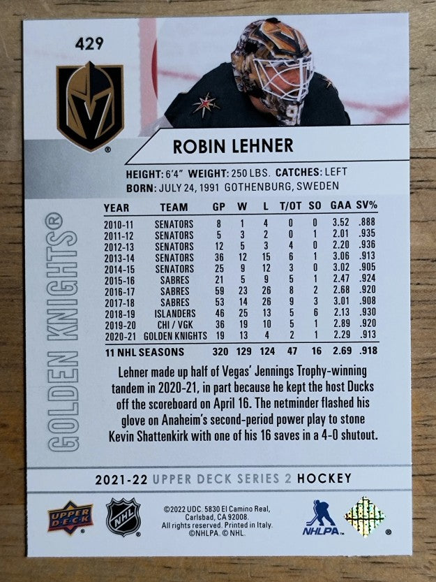 2021-22 Upper Deck #429 Robin Lehner