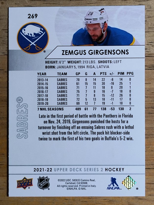 2021-22 Upper Deck #269 Zemgus Girgensons