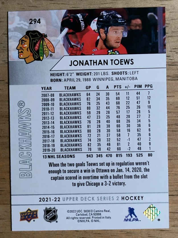 2021-22 Upper Deck #294 Jonathan Toews