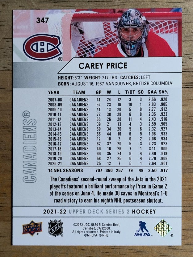 2021-22 Upper Deck #347 Carey Price