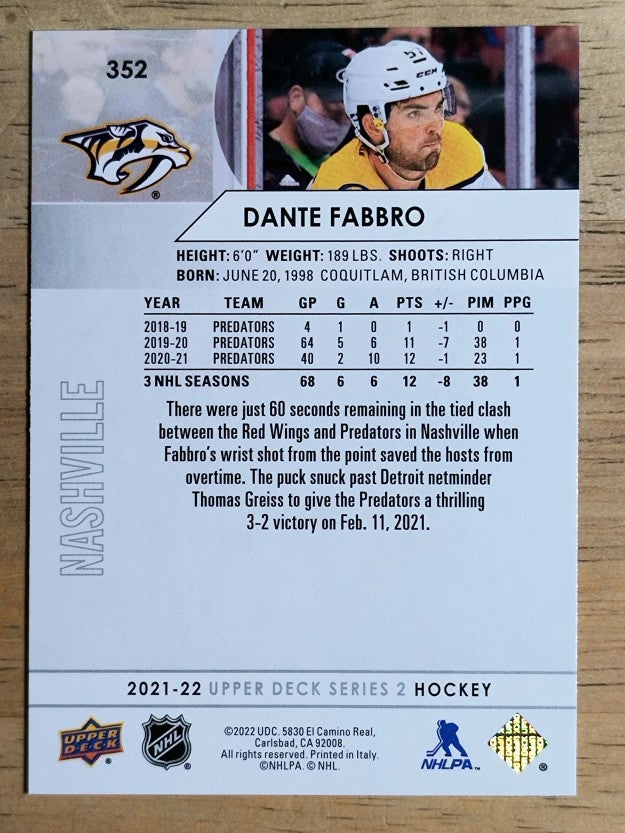 2021-22 Upper Deck #352 Dante Fabbro