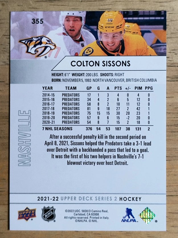 2021-22 Upper Deck #355 Colton Sissons