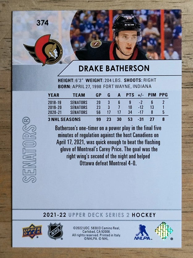 2021-22 Upper Deck #374 Drake Batherson