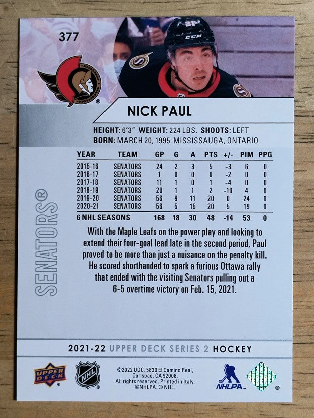 2021-22 Upper Deck #377 Nick Paul