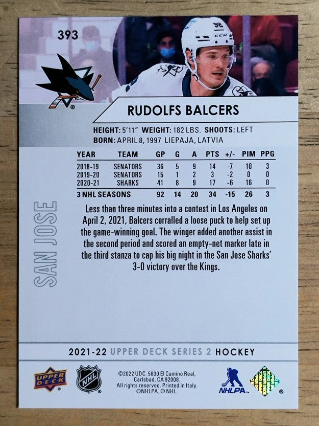 2021-22 Upper Deck #393 Rudolfs Balcers