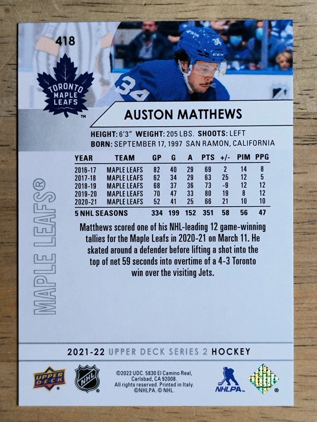 2021-22 Upper Deck #418 Auston Matthews