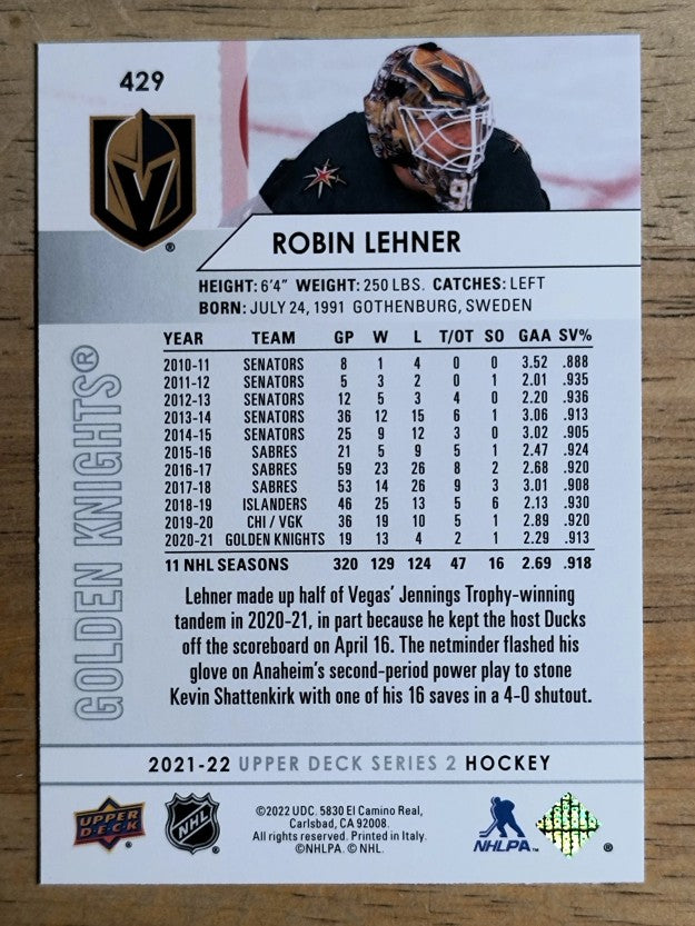 2021-22 Upper Deck #429 Robin Lehner