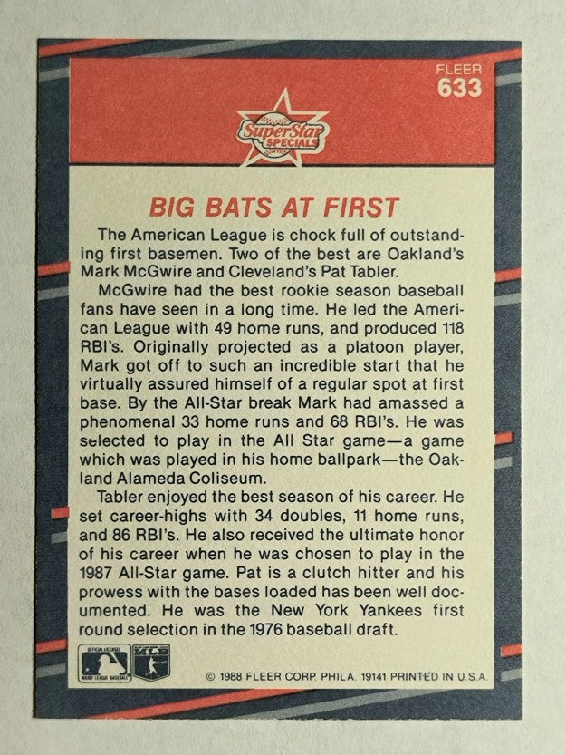 1988 Fleer #633 Pat Tabler/Mark McGwire