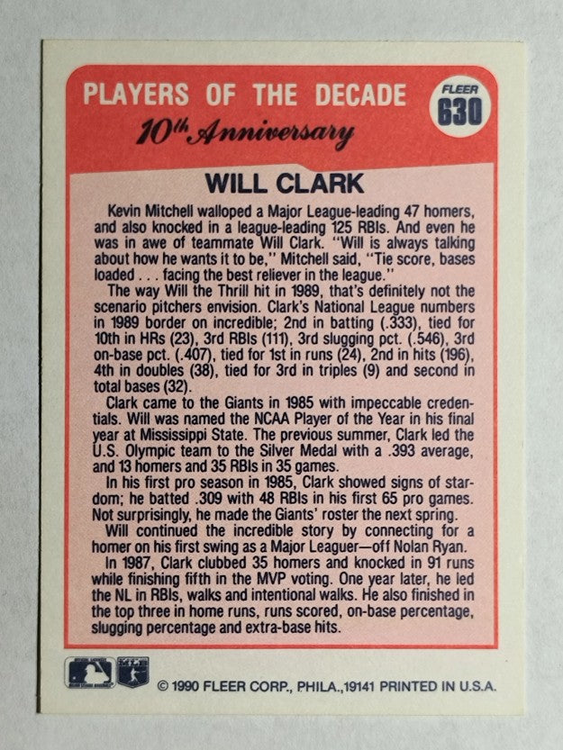 1990 Fleer #630A Will Clark '89 ERR/32 total bases on card back