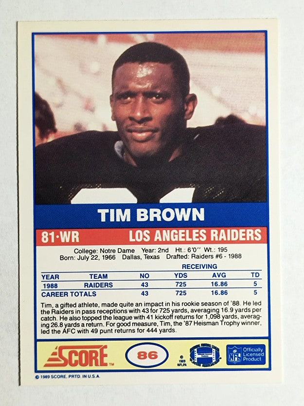 1989 Score #86 Tim Brown RC
