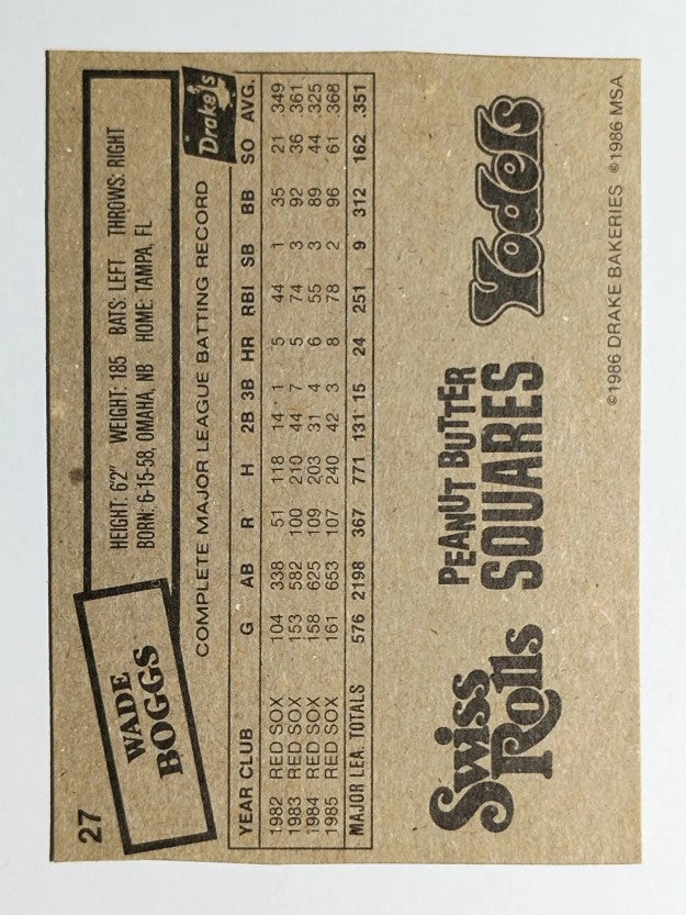 1986 Drake's #27 Wade Boggs SD/FUD