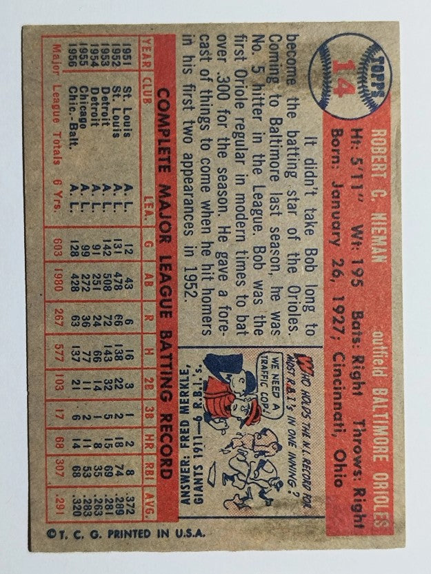 1957 Topps #14 Bob Nieman (VGEX)