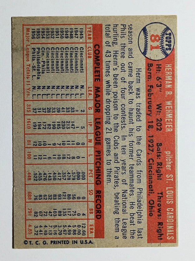 1957 Topps #81 Herman Wehmeier (EXMT)