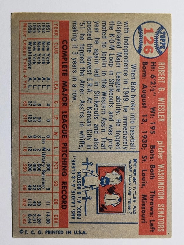 1957 Topps #126 Bob Wiesler (EXMT)