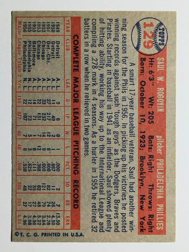 1957 Topps #129 Saul Rogovin (NM)